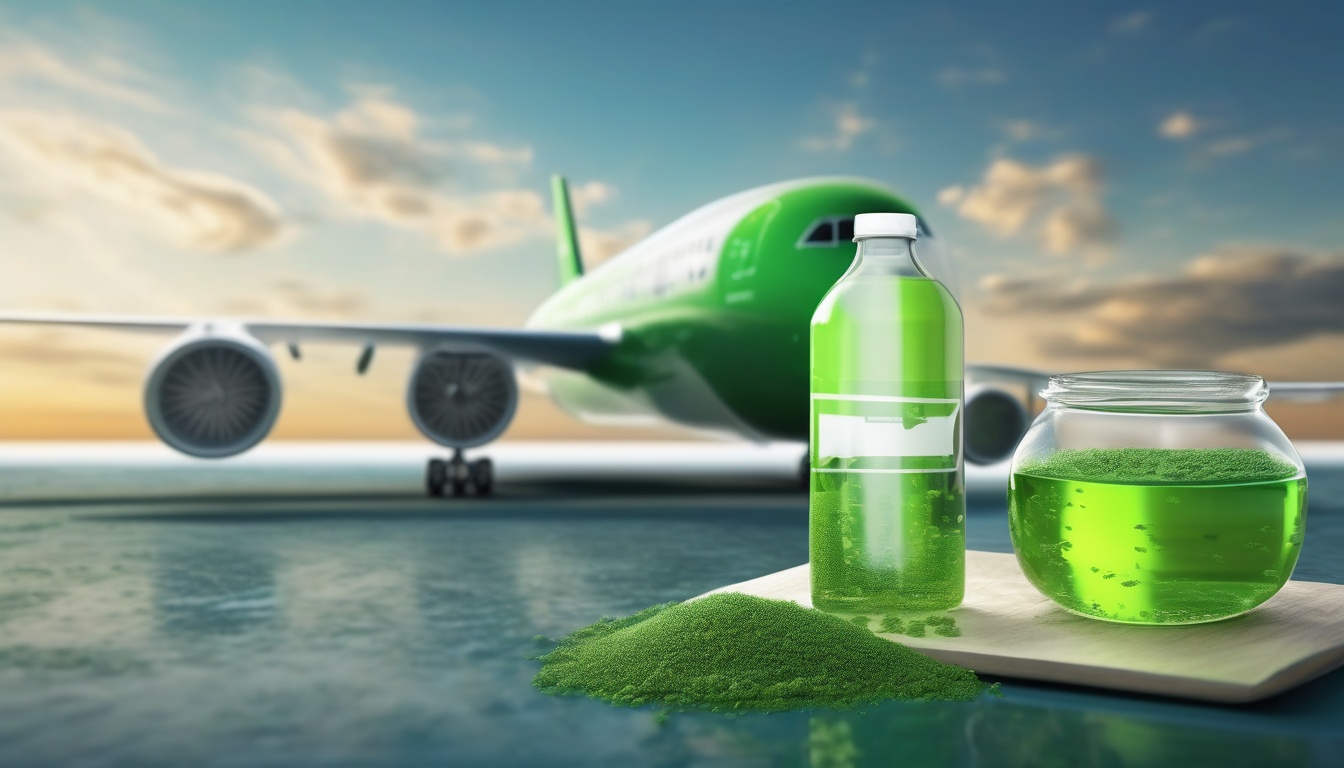 藻類由来のグリーンなバイオ燃料と航空機を示す持続可能な航空燃料のイメージ
