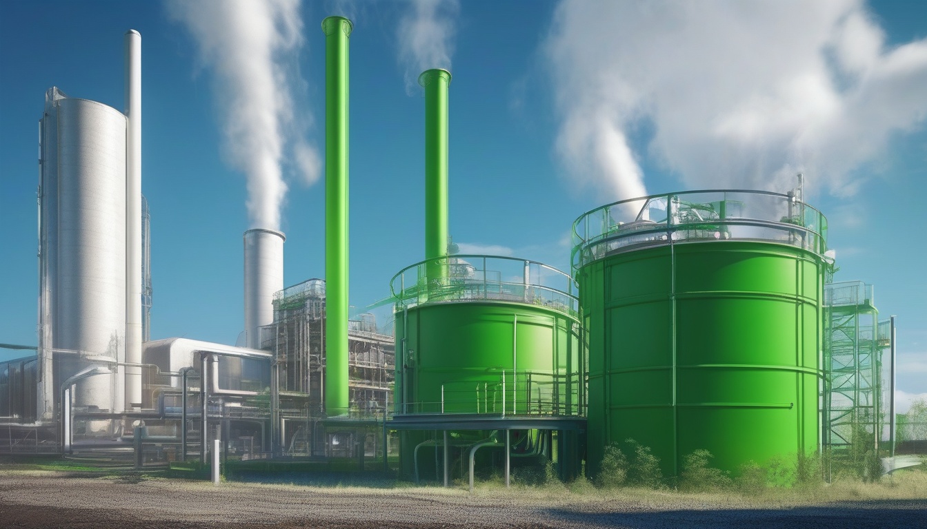 工場煙突の隣で緑色に育つ微細藻類がCO2を吸収する環境技術のイメージ